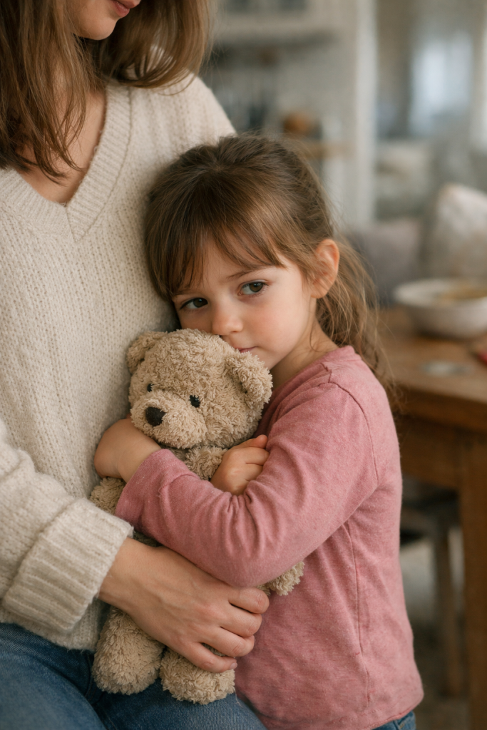 Criança pequena buscando segurança emocional após mudança de país