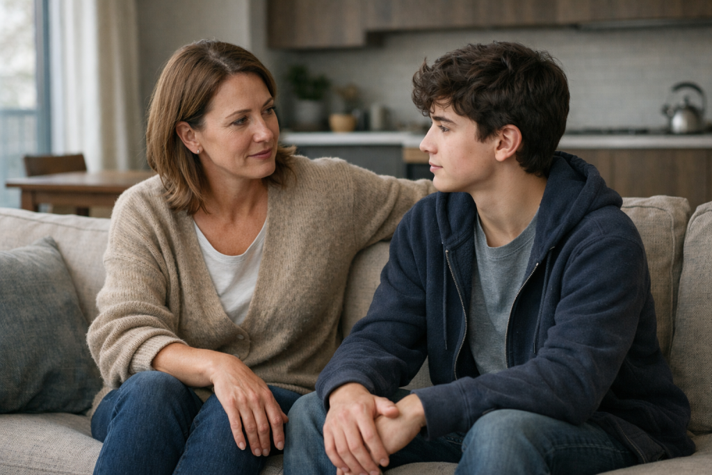 Mãe acolhendo emocionalmente o filho após dificuldades de adaptação no exterior